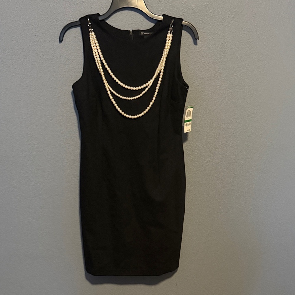 INC International Concepts Black Midi Dress with Pearl Chains